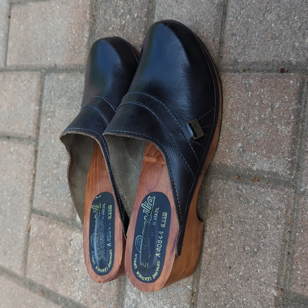 Vintage Women's Blue Leather & Wood Clogs